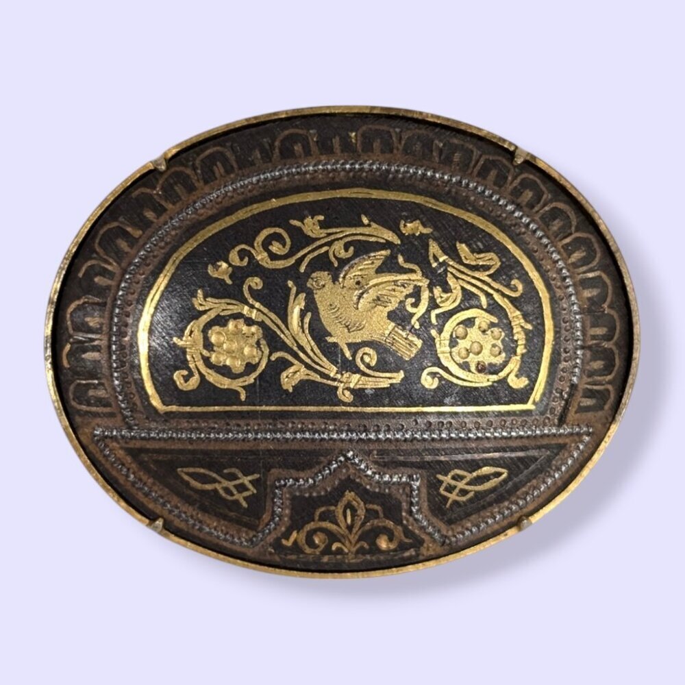 Antique Damascene Oval Brooch